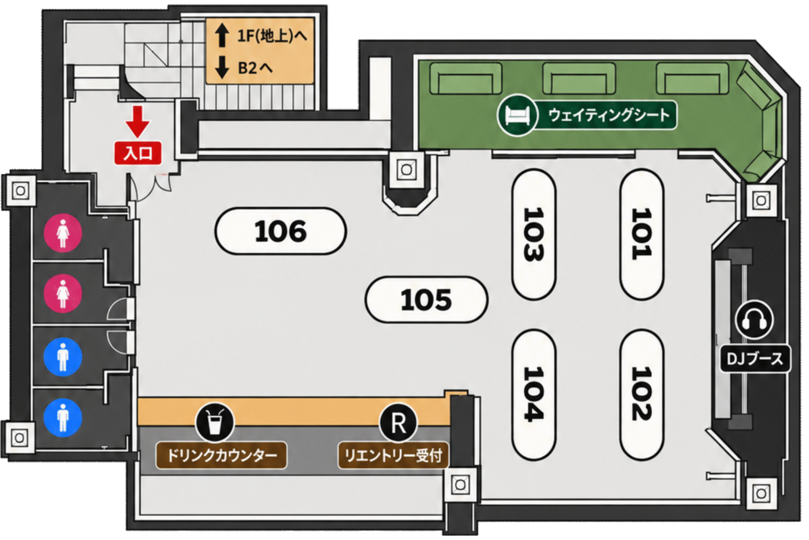 CLUB CAMELOT B1F のフロアマップ。トーナメント卓101〜106、DJブース、ウェイティングシート、ドリンクカウンター、リエントリー受付、お手洗い、1F・B2Fへの階段、入口。