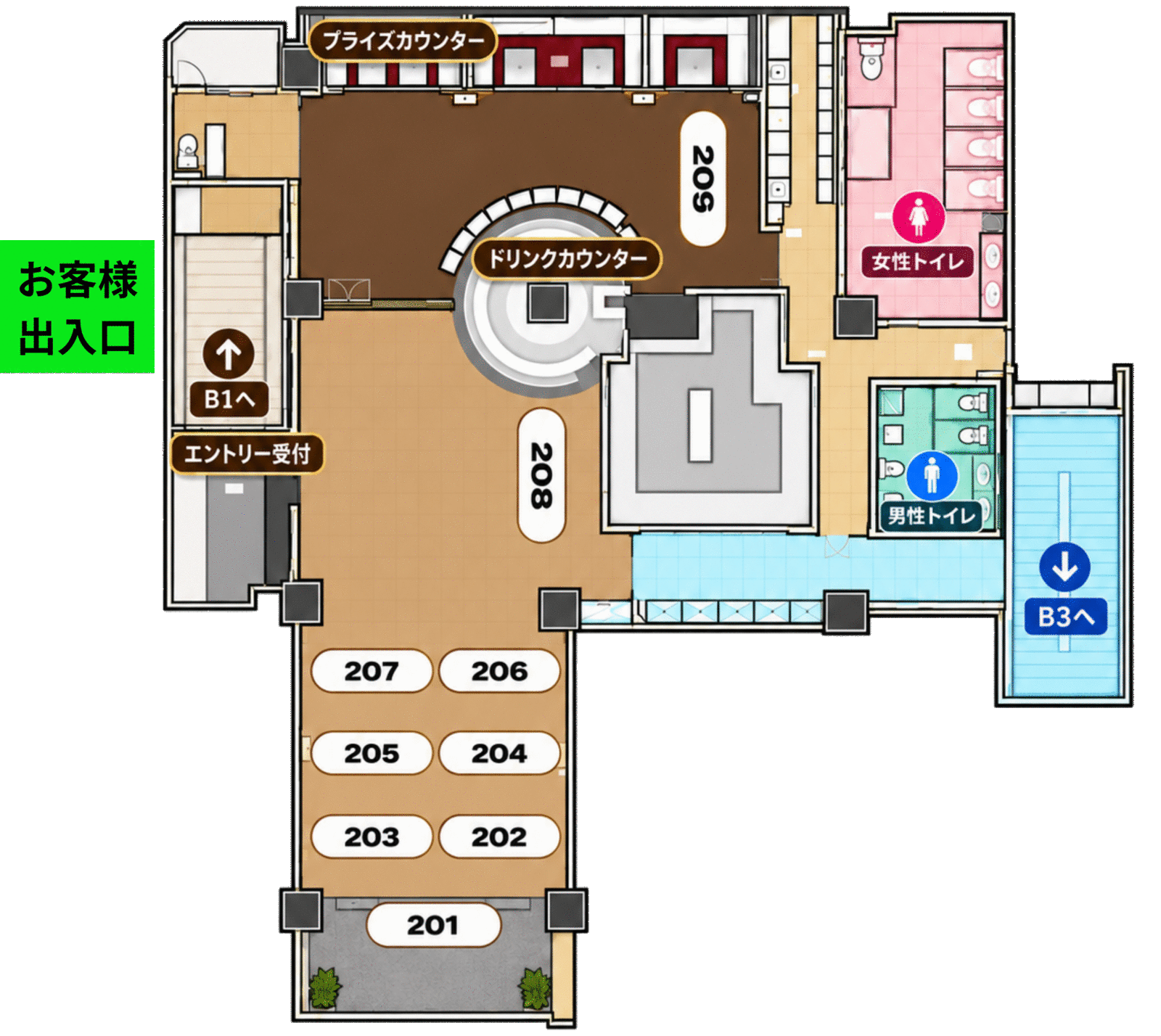 CLUB CAMELOT B2F のフロアマップ。お客様出入口、エントリー受付、プライズカウンター、ドリンクカウンター、トーナメント卓201〜209、男性・女性トイレ、B1F・B3Fへの階段。